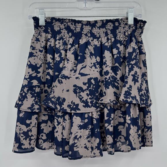 Ramy Brook Darla Navy Taupe Floral Tiered Ruffle Silk Mini Skirt Womens Size Med - Picture 9 of 11